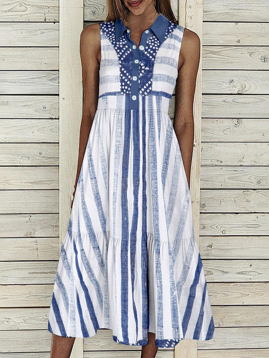 Women Sleeveless Lapel Striped Printed Graphic Button Pockets Maxi Dress