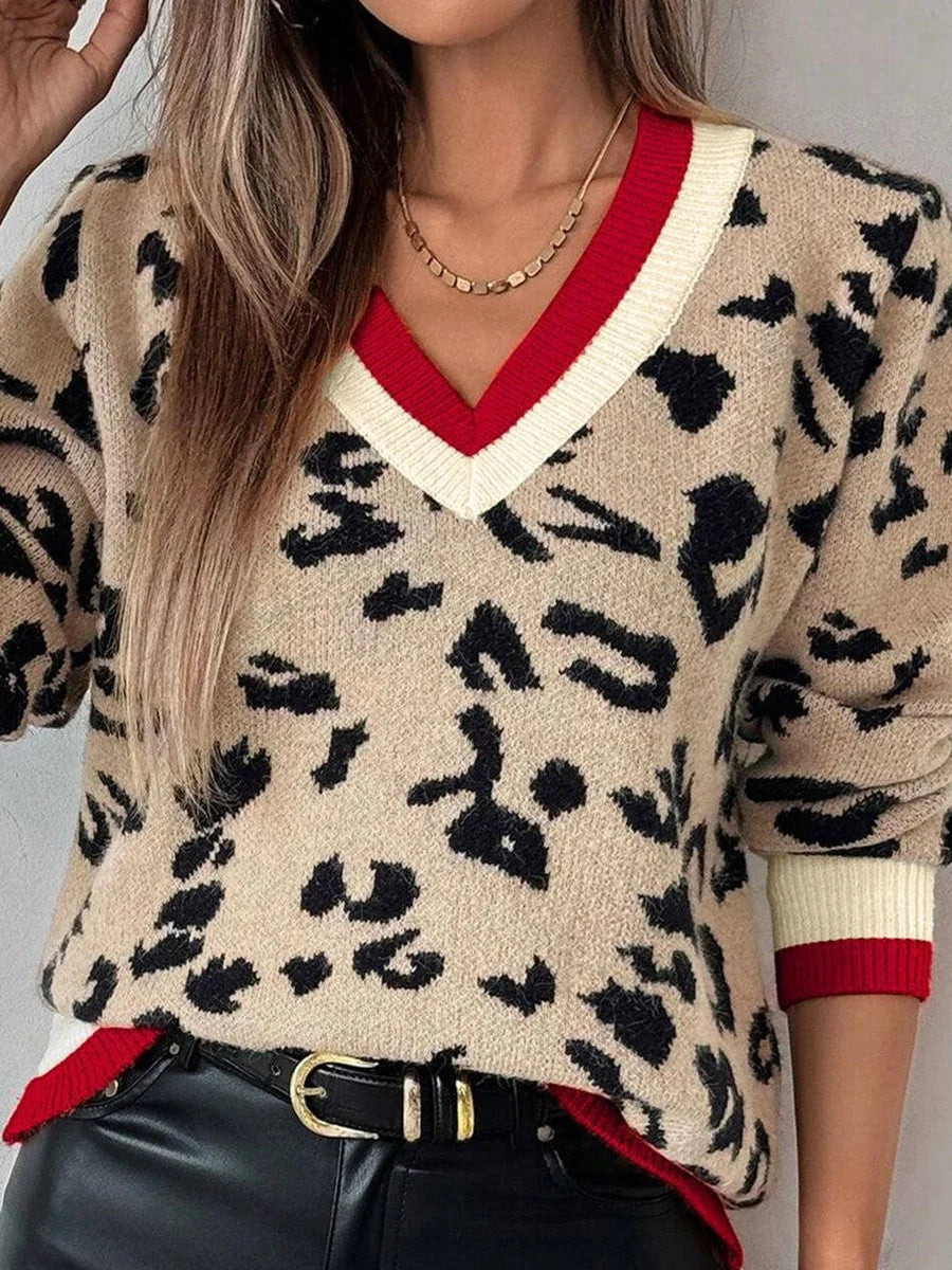 Chic Leopard Print V-Neck Long Sleeve Sweater