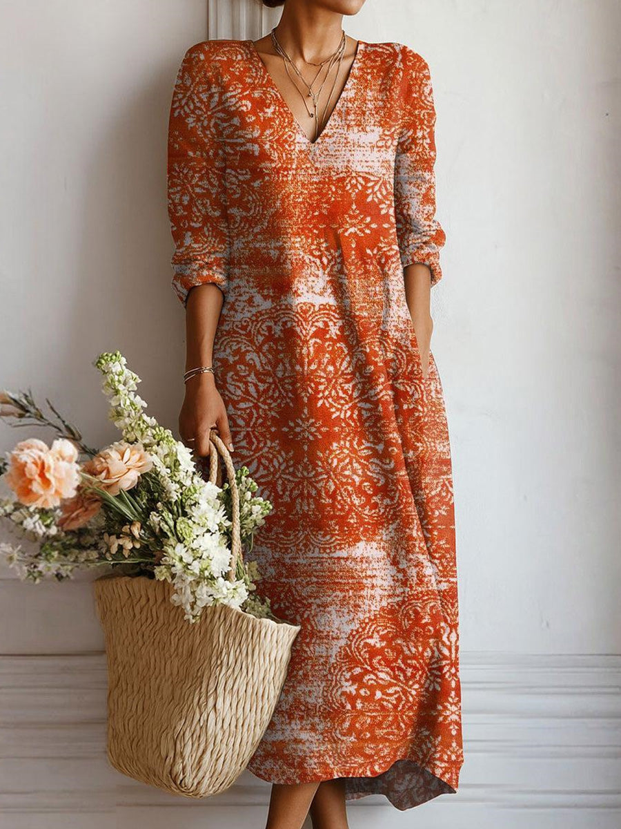 Stunning V-neck Long Sleeve Orange Midi Dress