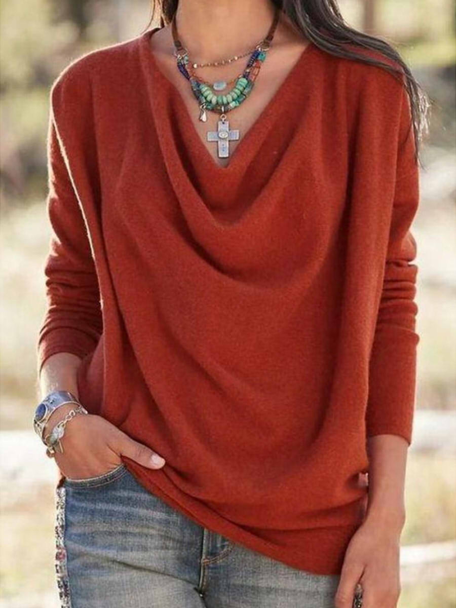 V-neck Long Sleeve Solid Color Warmer Top