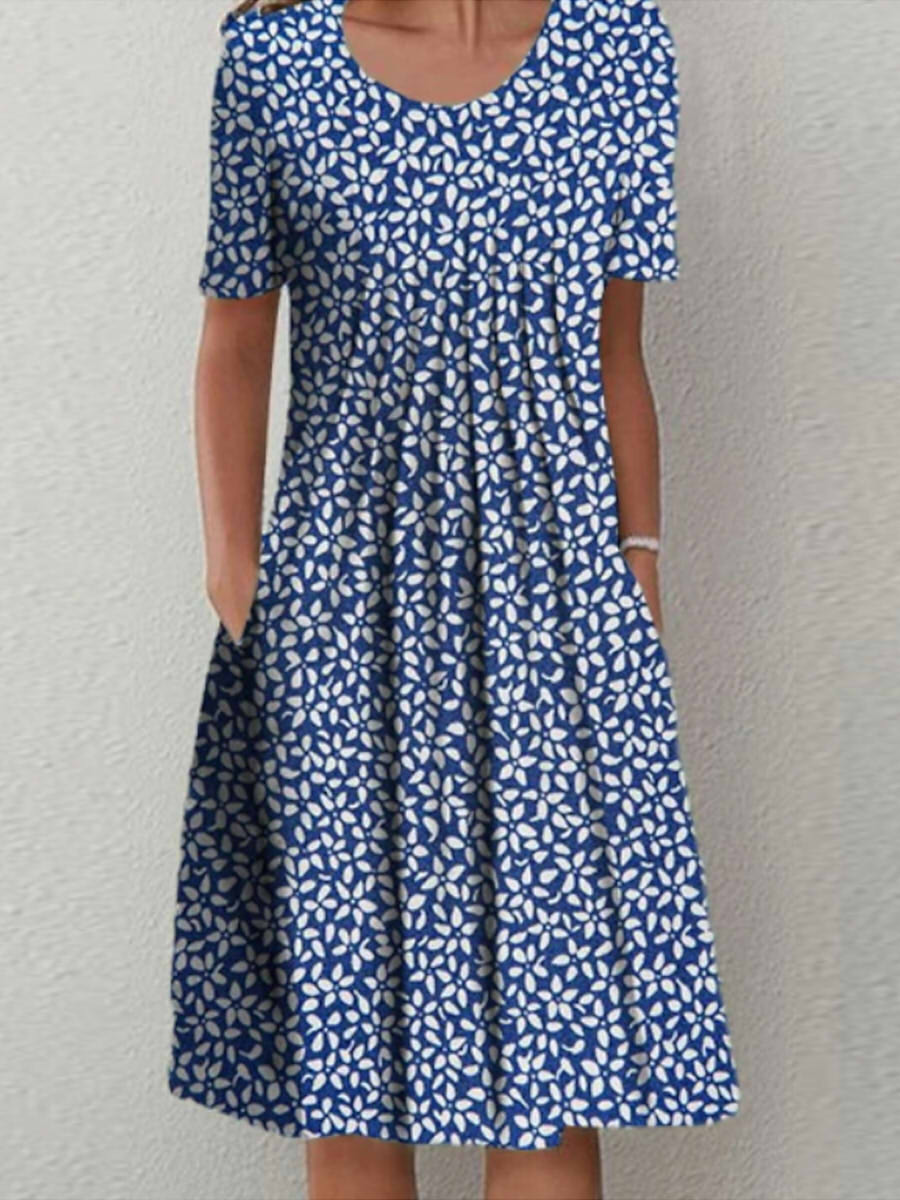 Casual Round Neck Short Sleeve Floral Midi Dress