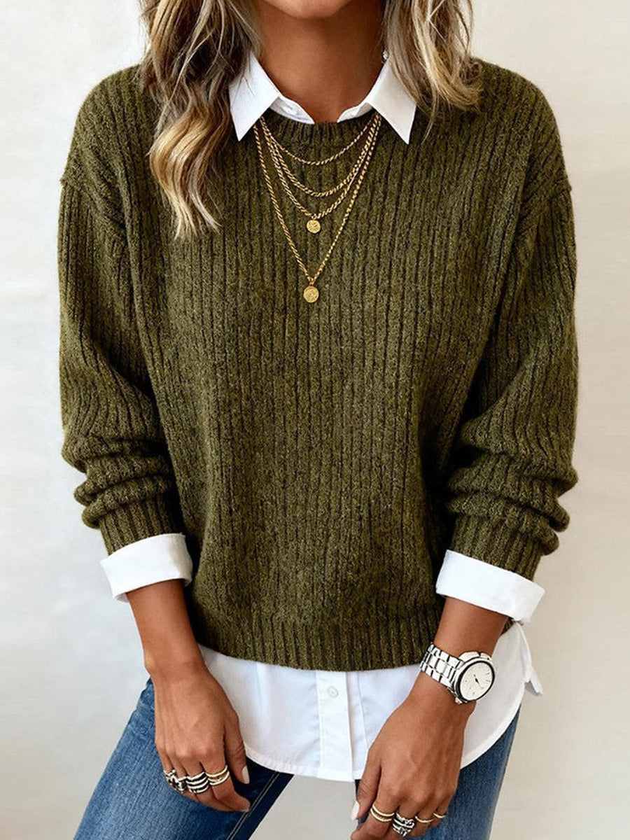 Green Ribbed Plain Round Neck Long Sleeve Sweater