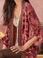Velvet Floral Pattern Open Front 3/4 Sleeve Kimono