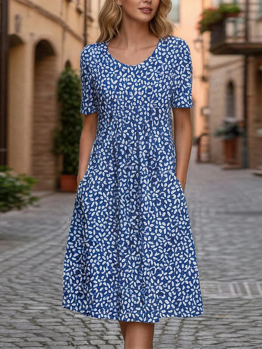 Blue Abstract Print Round Neck Short Sleeve Midi Dress