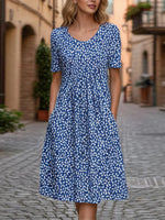 Blue Abstract Print Round Neck Short Sleeve Midi Dress