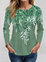 Green Vintage Leaf Print Round Neck Blouse