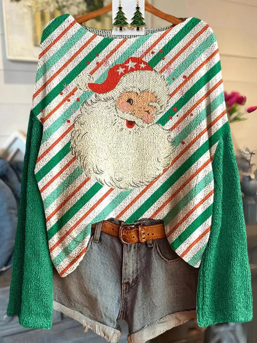 Green Christmas Santa Claus Graphic Striped Top