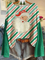 Green Christmas Santa Claus Graphic Striped Top