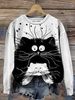 White Stylish Art Cat Print Sweatshirt