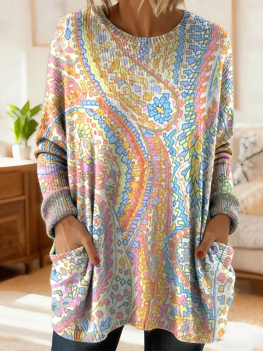 Women's Retro Floral Ethnic Art Print Casual Round Neck Long Sleeve Sweater