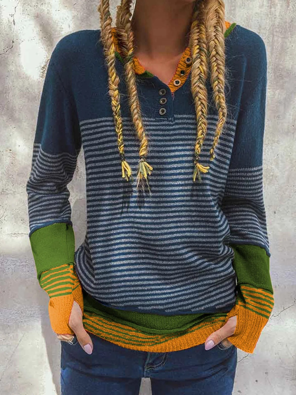 Navy Casual Stripe Patchwork Long Sleeve Sweater