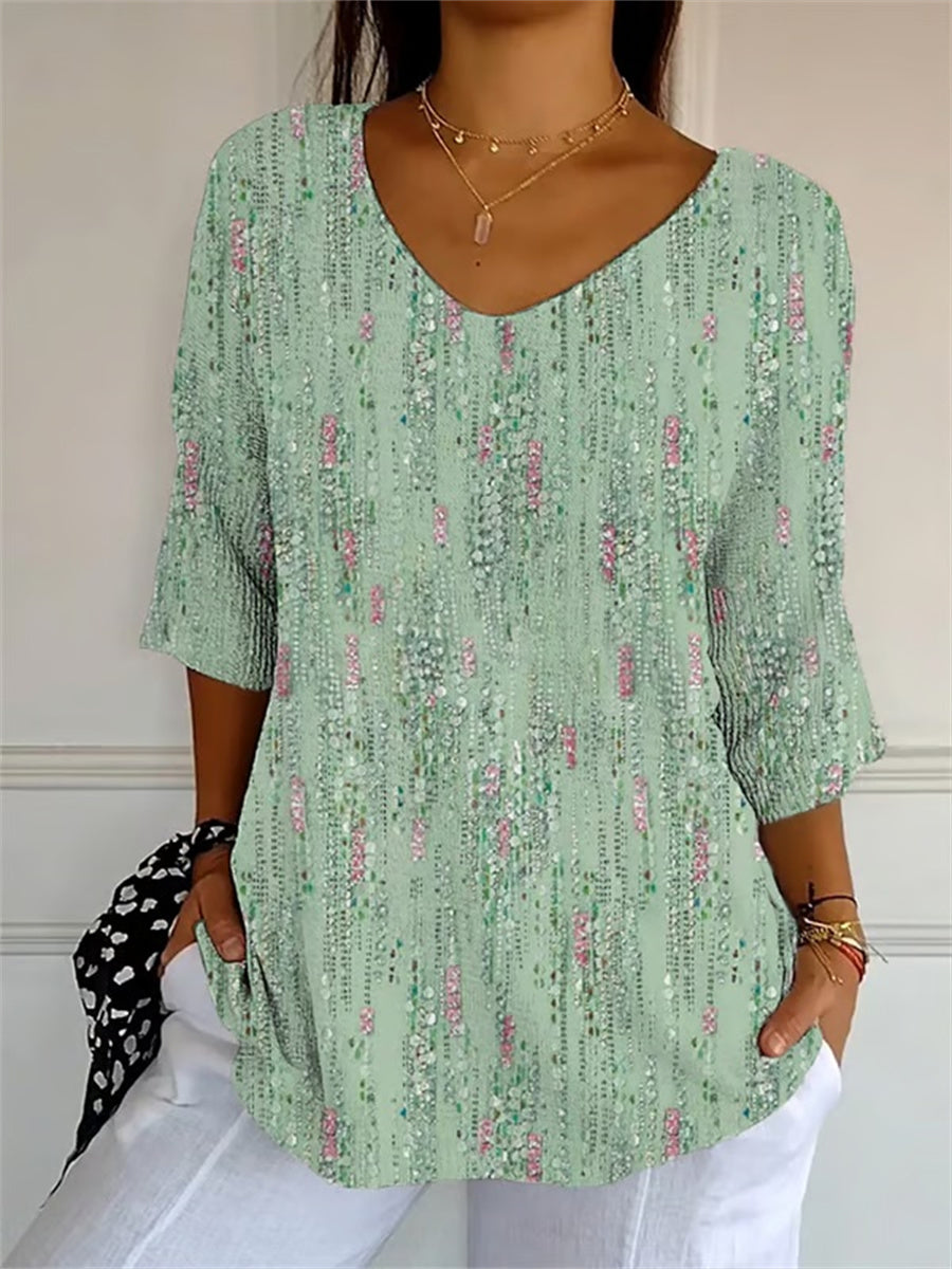 Women's Artistic Design Printed Casual V-Neck 3/4 Sleeve T-Shirt