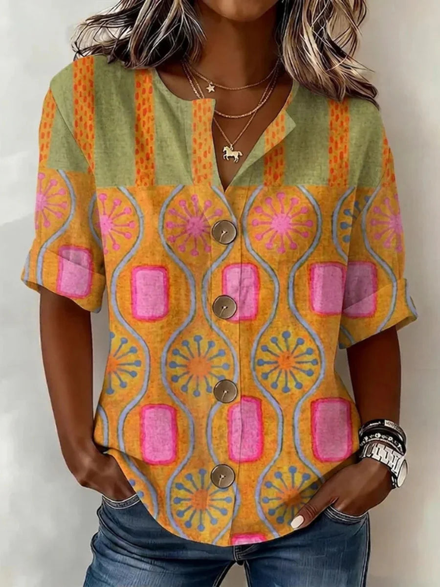 Abstract Geometric Print Notched-Neck Short Sleeve Blouse