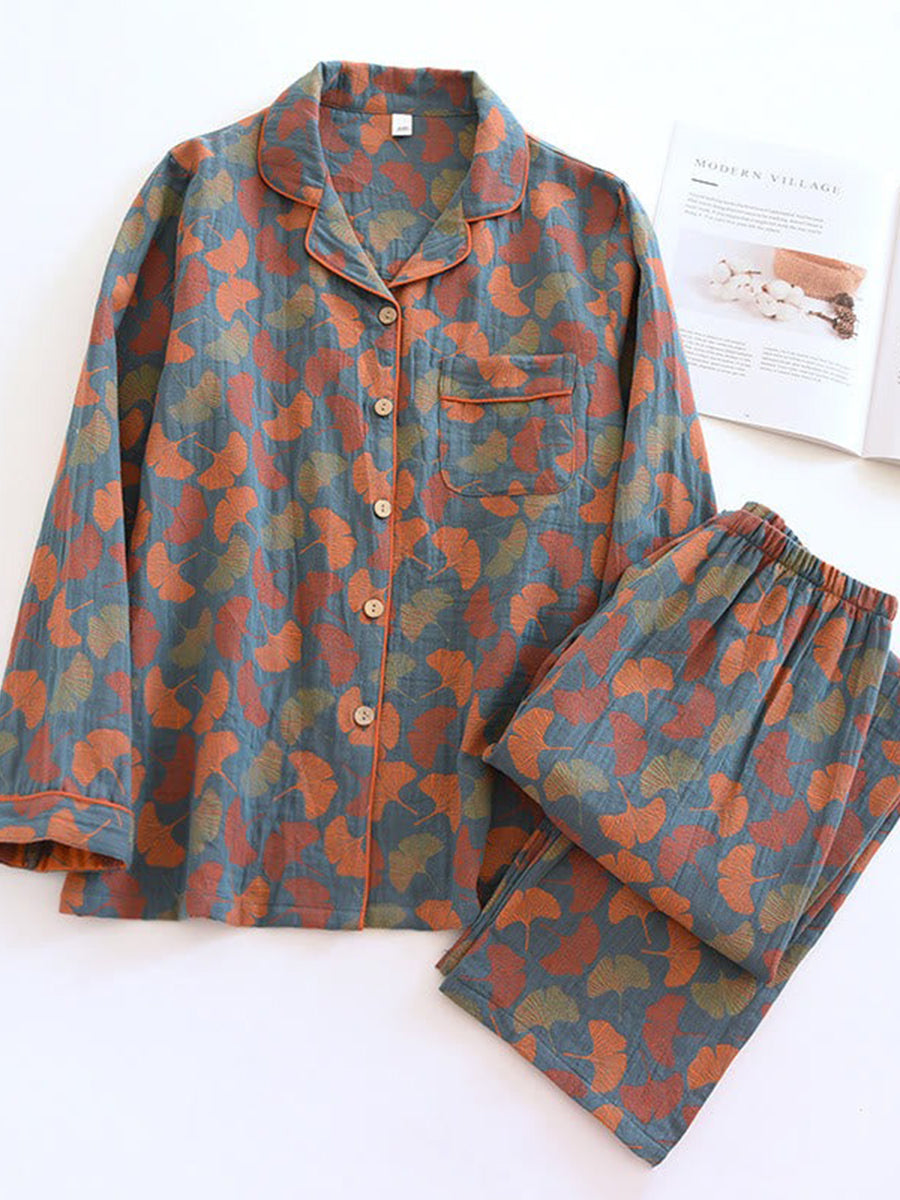 Ginkgo Leaf Button Cotton Loungewear Set