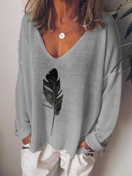 V-neck Feather Print Casual Long Sleeve Blouse
