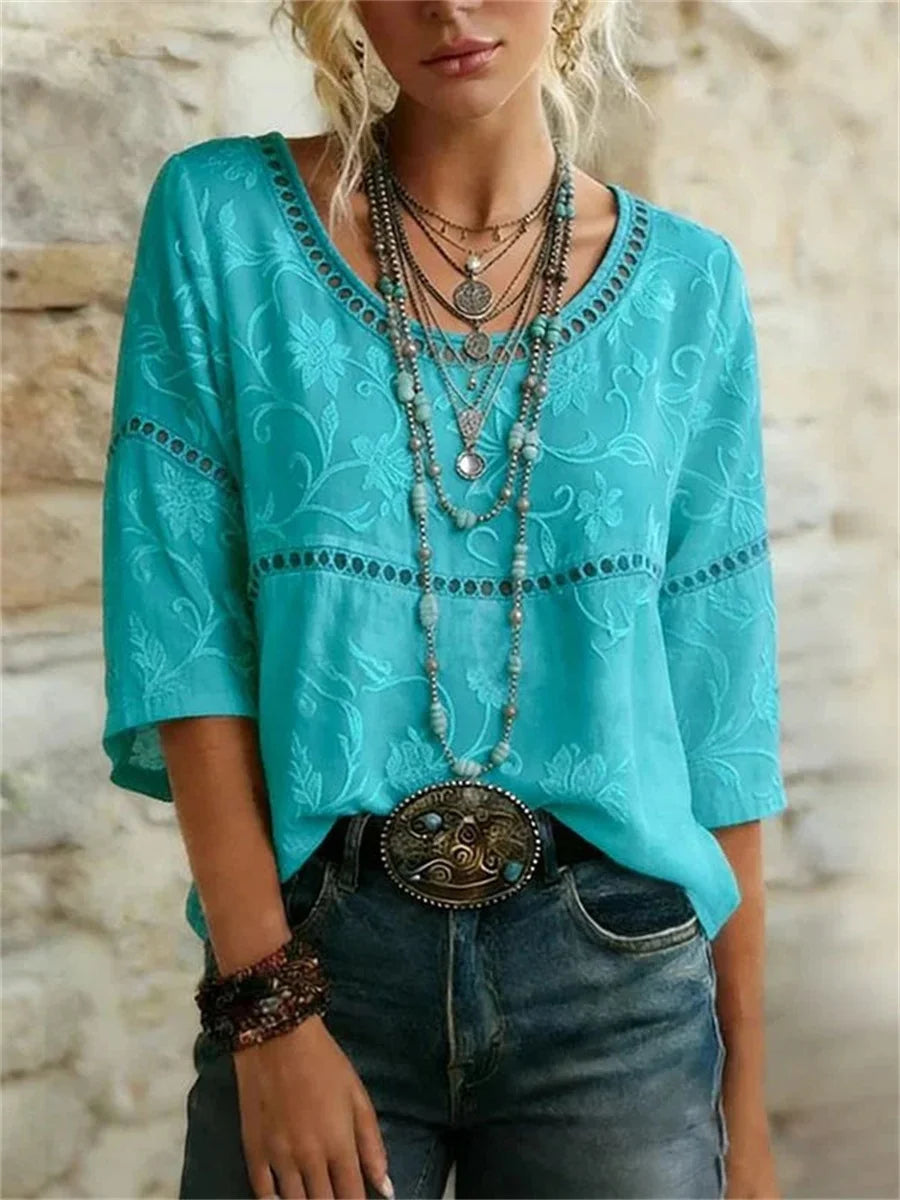 Vintage Floral Print Round Neck 3/4 Sleeve Blouse