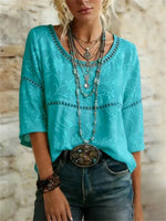 Vintage Floral Print Round Neck 3/4 Sleeve Blouse