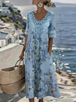 Light Blue Collar Floral Print Short Sleeve Pocket Resort Midi Dress