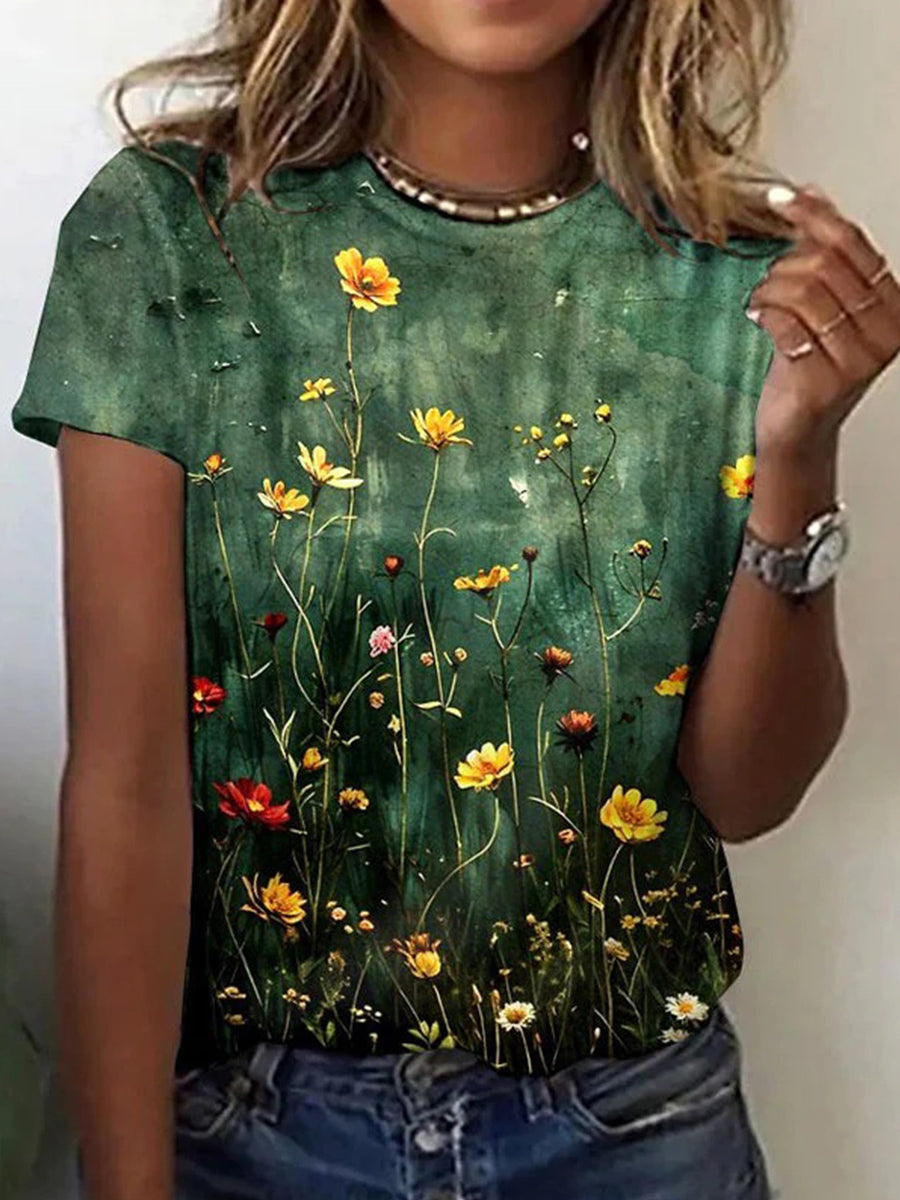 Vintage Floral Print Round Neck Short Sleeve T-Shirt