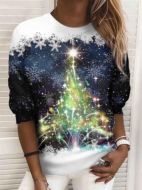 Blue Casual Graphic Tops Round Neck Long Sleeve Snowflake Printed Xmas Sweatshirts