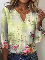 Romantic Floral Print V-neck 3/4 Sleeve Top