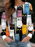 Allover Cartoon Cat Print Crew Neck Long Sleeve T-Shirt