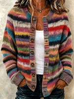 Women's Bohemian Retro Striped Gradient Art Print Knit Crew Neck Long Sleeve Button Cardigan