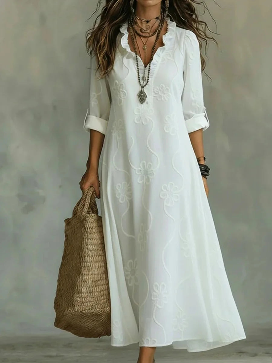 Retro Ruffled Collar Floral Printed Long Sleeve A-line Dress
