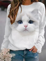 White Casual Graphic Tops Round Neck Long Sleeve Cat Printed Sweatshirts