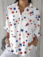 Red Blue Star Print Roll Sleeve Button Shirt
