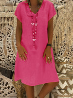 Solid Color Casual V-neck Short Sleeve Dresses