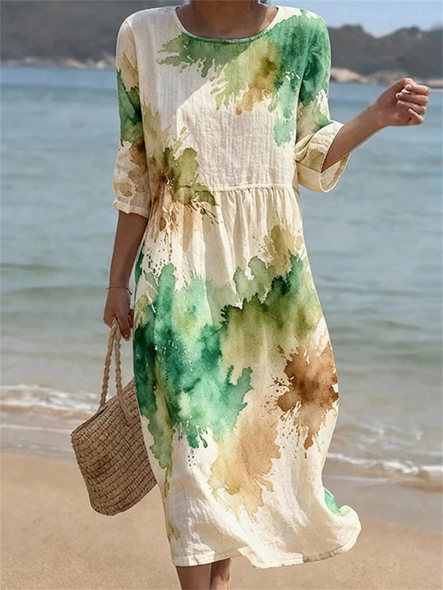 Vintage Ink Art Pattern Loose Round Neck 3/4 Sleeve Dress
