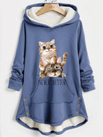 Blue Funny Cat Print Buttoned Pocket Hoodie