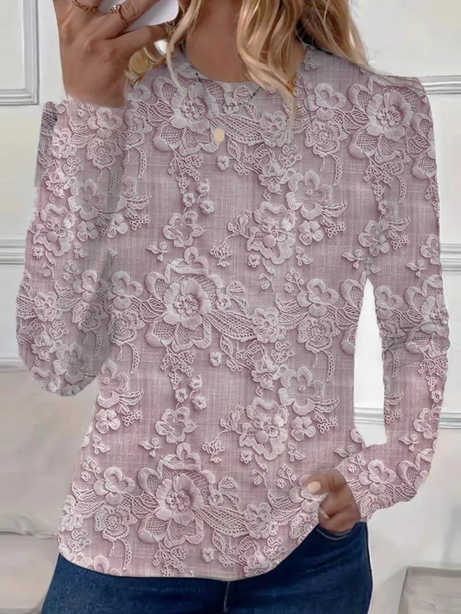 Breezy Round Neck Long Sleeve Floral Print Top