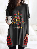 Deep Gray Casual Graphic Tops Round Neck Long Sleeve Christmas Tree Printed Sweatshirt