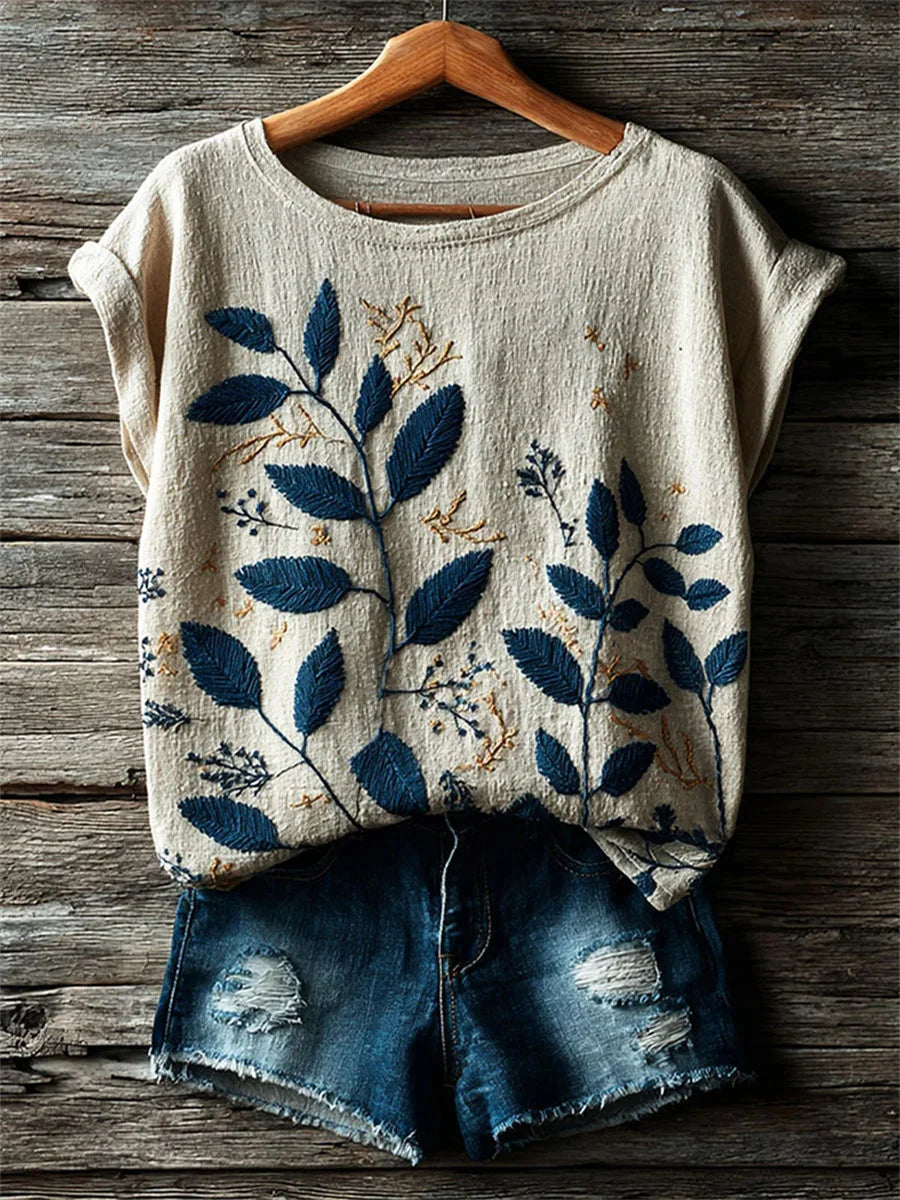 Vintage Floral Art Print Casual Round Neck Short Sleeve T-shirt