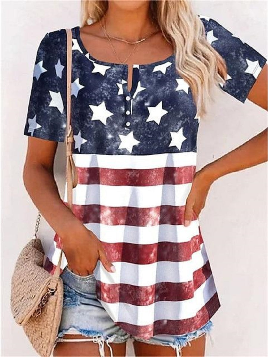 Navy Blue Casual Round Neck Flag Printed Short Sleeve Blouse