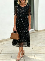 Black Bee Print Round Neck Short Sleeve Mesh Tiered Midi Dress