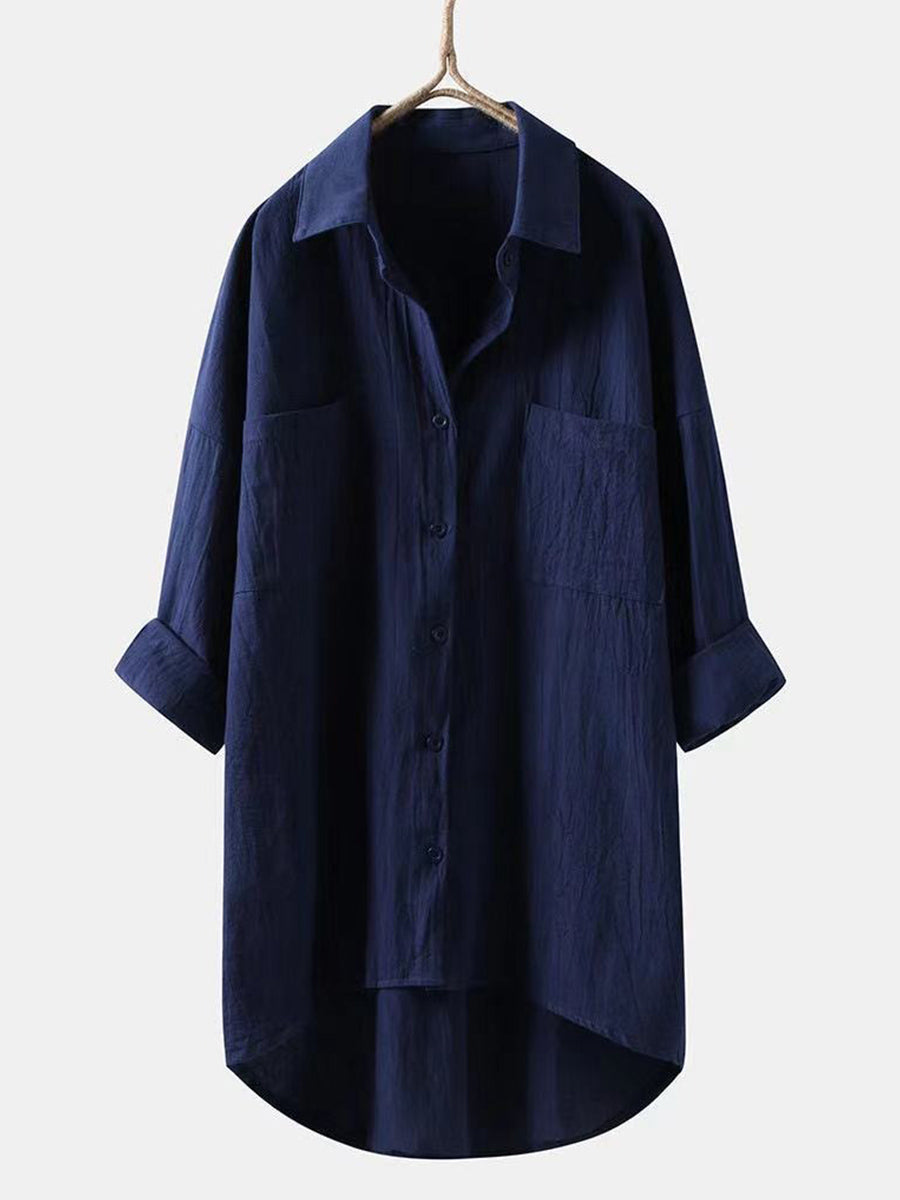 Solid Cotton Linen V Neck Loose Top