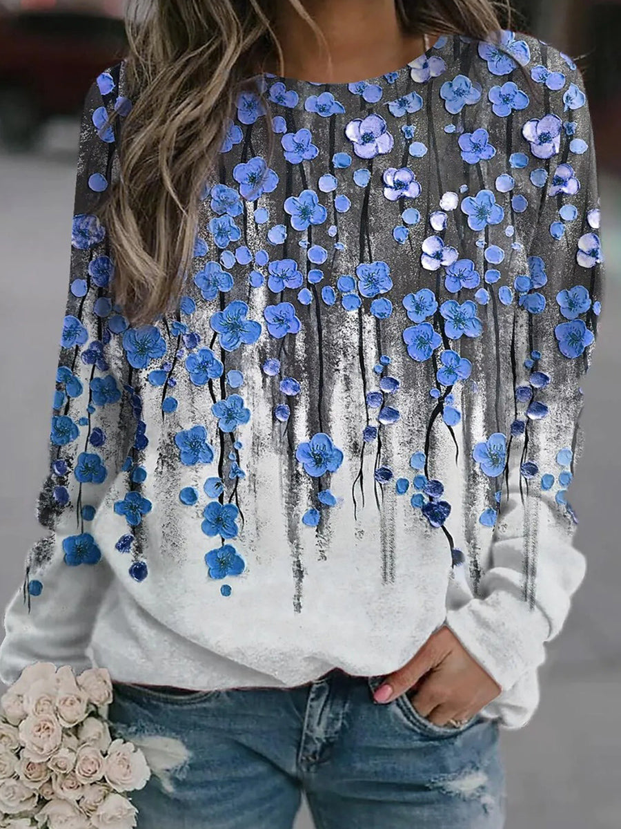 Blue Floral Printed Crew Neck Sweatshirt
