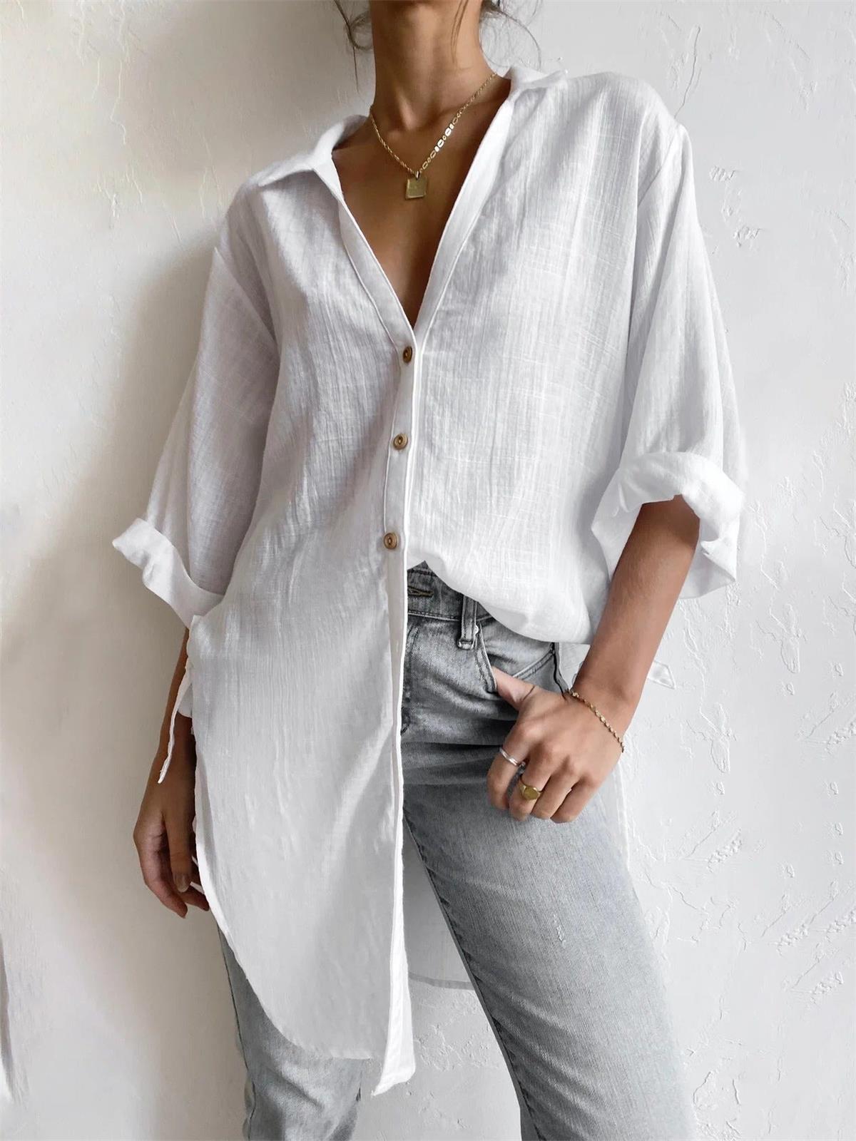 White Casual Stand Collar Solid Long Sleeve Blouse