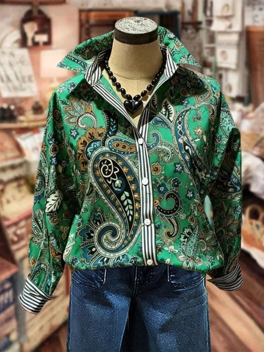 Vintage Ethnic Print Long Sleeve Blouse