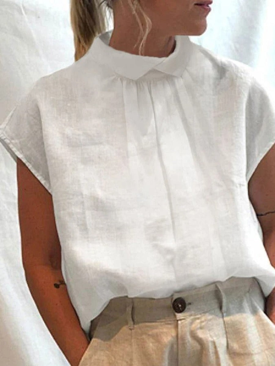 White Casual Stand-up Collar Solid Short Sleeve Blouse