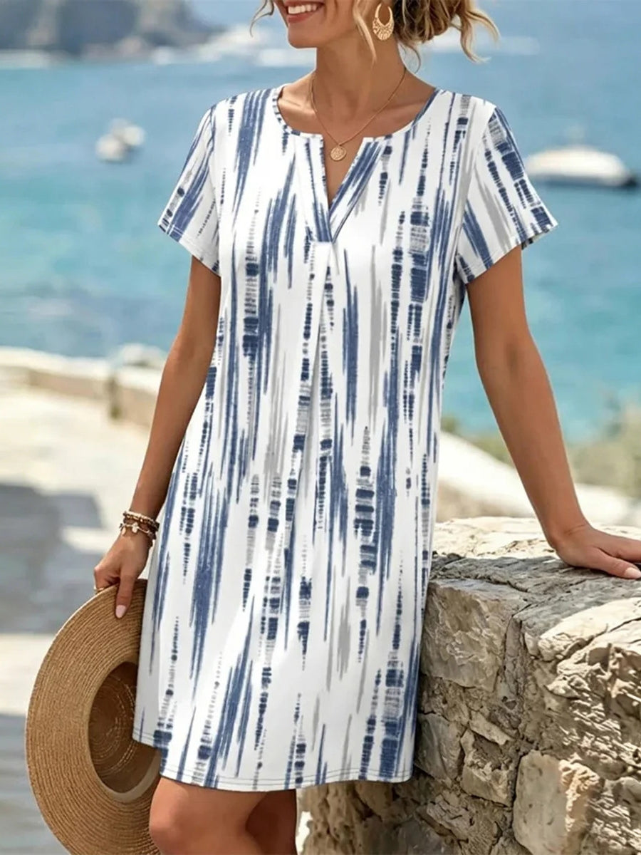Blue Tie-Dye Print V-neck Short Sleeve Dress