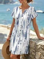 Blue Tie-Dye Print V-neck Short Sleeve Dress