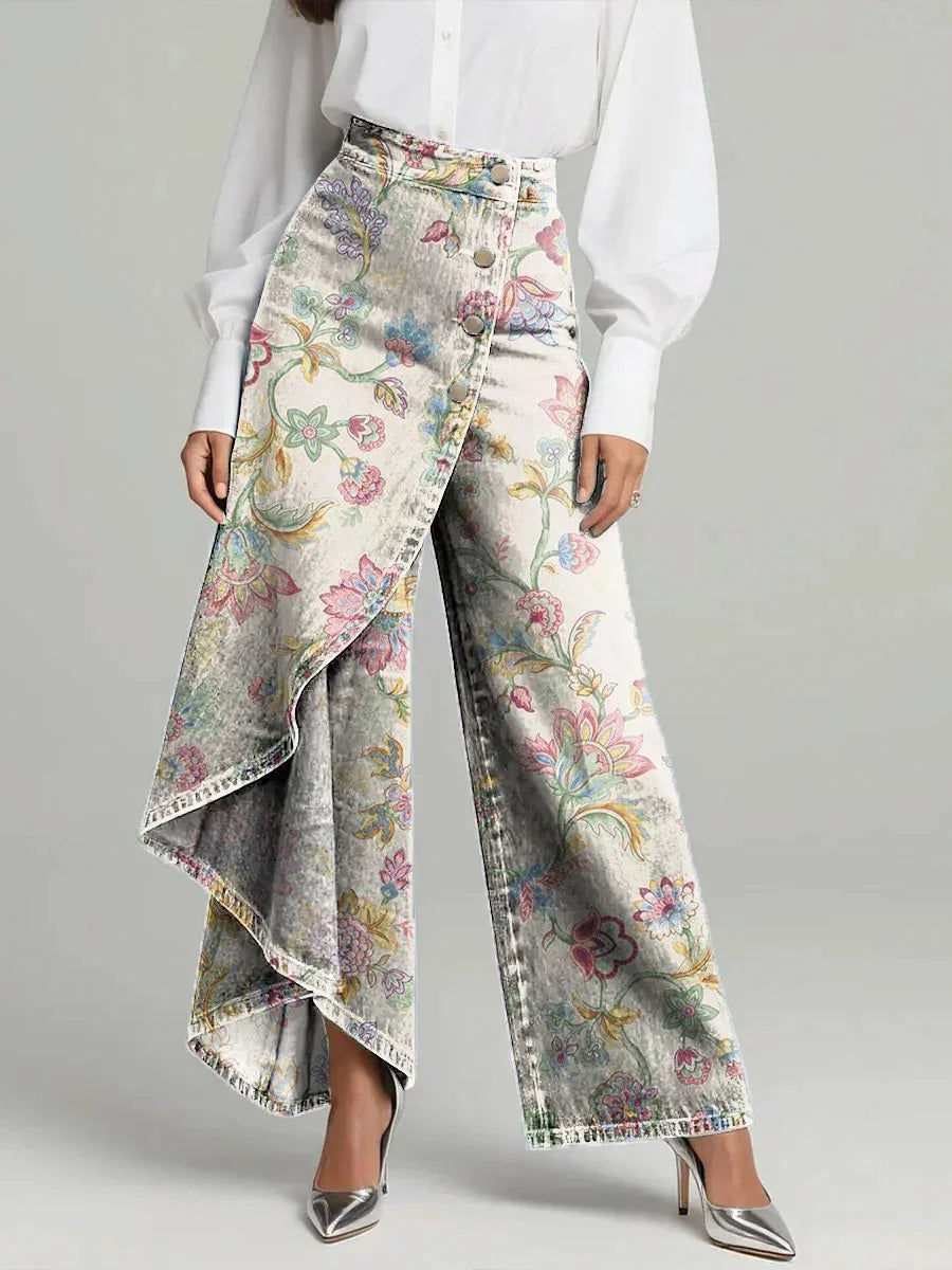 Women's Vintage Flowers Floral Patterns Print High-waisted Relaxed Fit Wide-leg Jeans