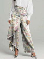 Women's Vintage Flowers Floral Patterns Print High-waisted Relaxed Fit Wide-leg Jeans
