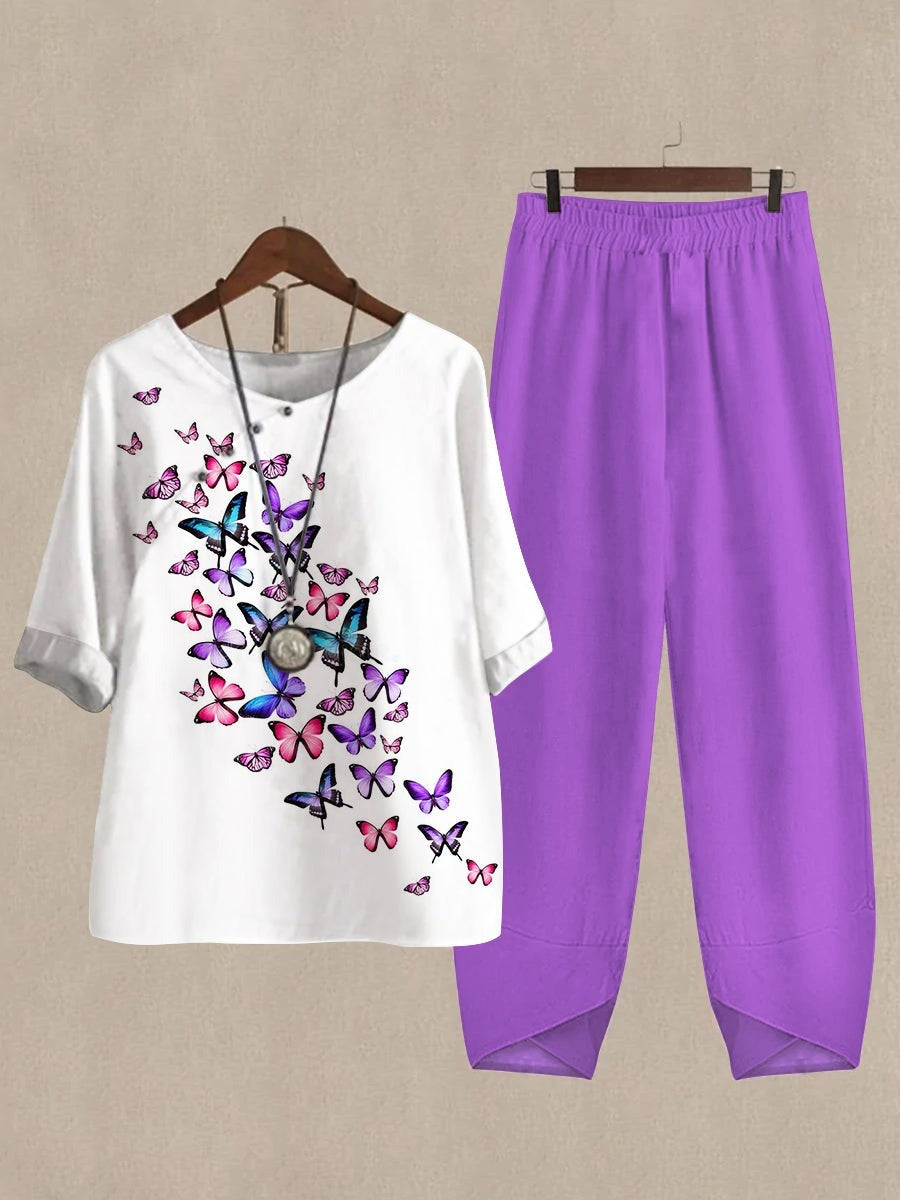 Purple Casual Round Neck Butterfly Printed Half Sleeve Two Piece Sets