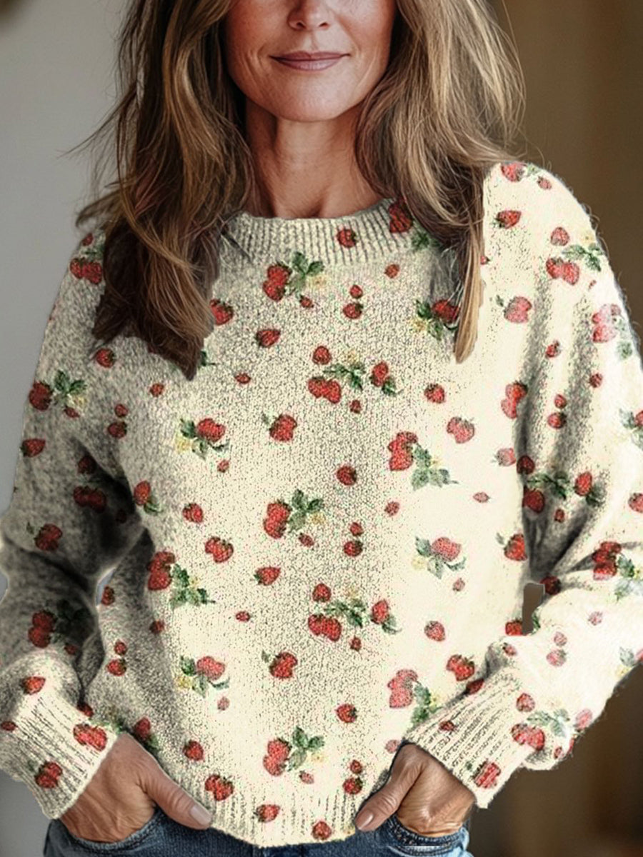 Women's Lovely Strawberry Art Print Round Neck Long Sleeve Pullover Sweater
