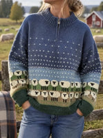 Half Open Collar Elegant Animal Long Sleeve Sweater